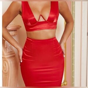 Oh Polly Red Satin Skirt Set